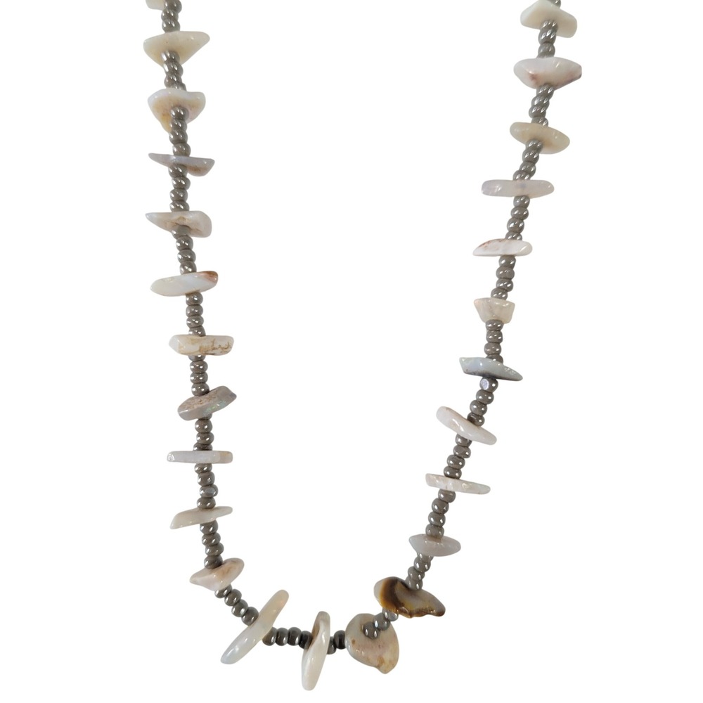 Vintage Shell Chip Necklace 925 Sterling Clasp Gray Seed Beads Beach Boho